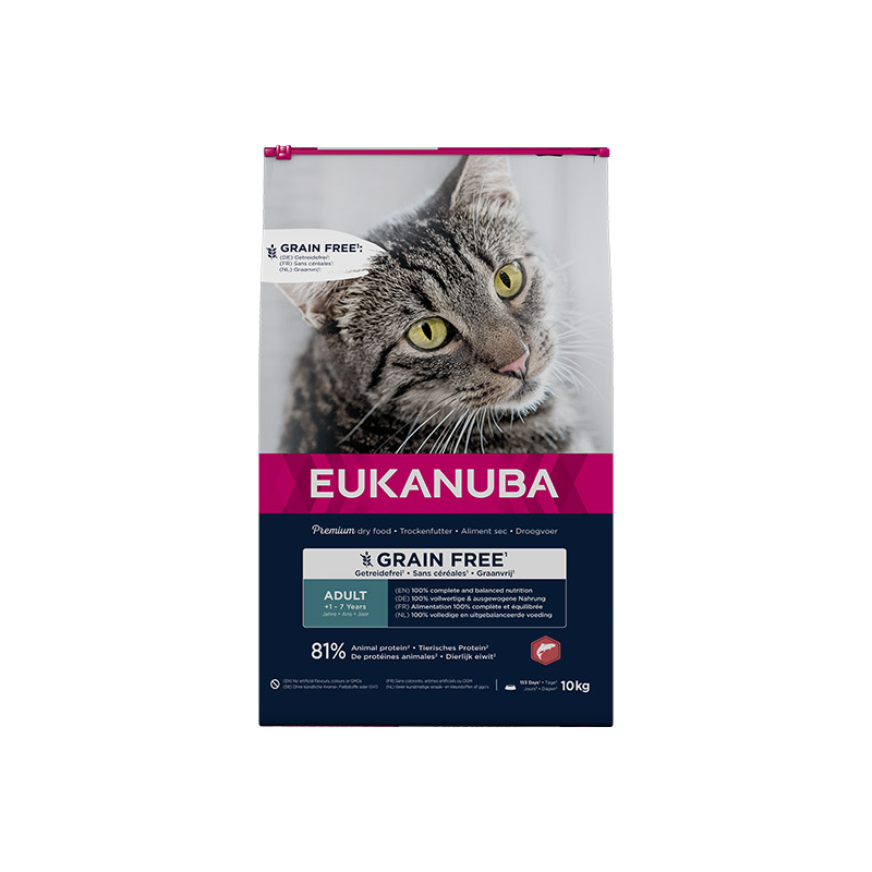 Eukanuba Grain Free Adult maistas katėms su lašiša, 10 kg