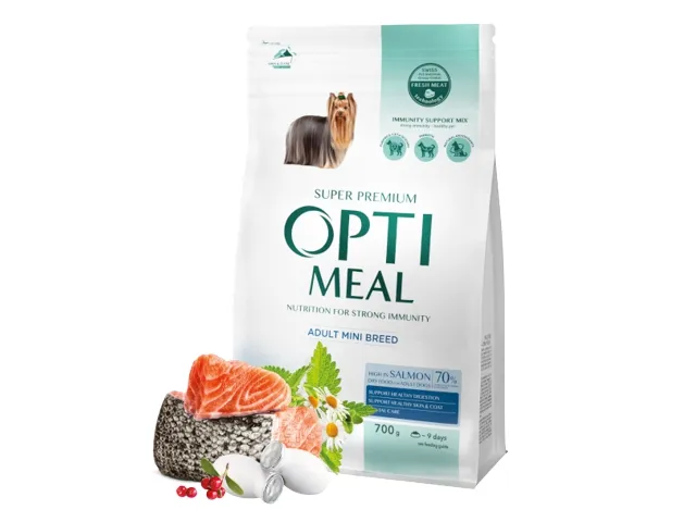 OPTIMEAL Visavertis sausas maistas miniatiūrinių veislių suaugusiems šunims su dideliu kiekiu lašišos 1.5 kg