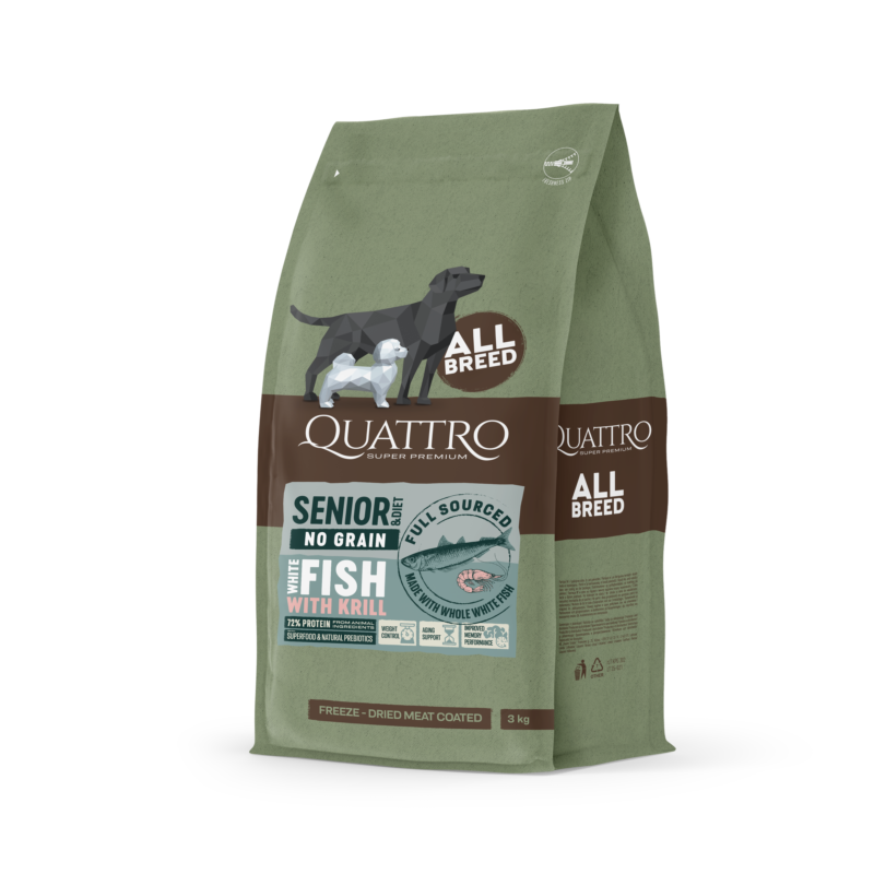 Quattro All breed Senior and Diet sausas begrūdis maistas su balta žuvimi ir kriliu 3 kg