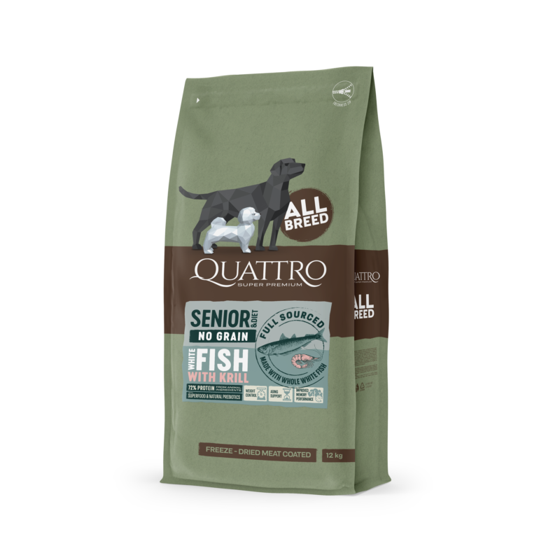 Quattro All breed Senior and Diet sausas begrūdis maistas su balta žuvimi ir kriliu 12 kg