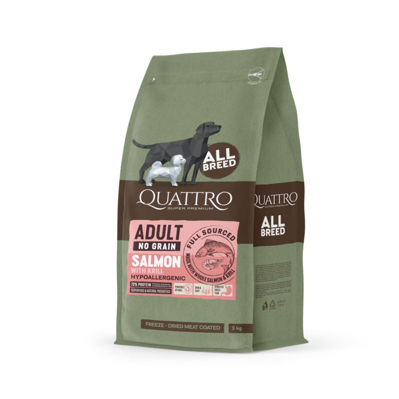 Quattro All breed Adult sausas begrūdis hipoalerginis maistas su lašiša ir kriliu 3 kg