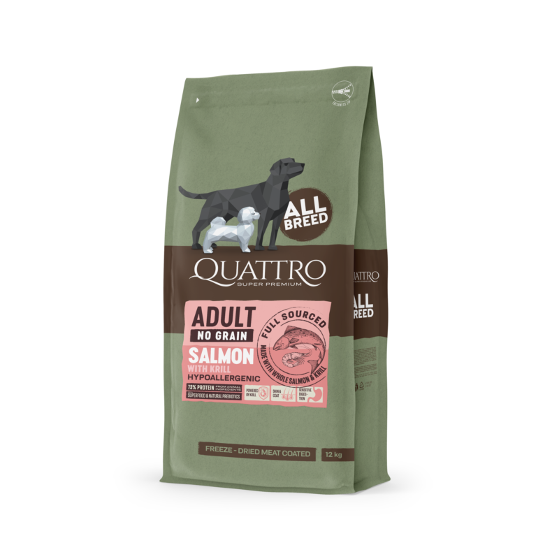 Quattro All breed Adult sausas begrūdis hipoalerginis maistas su lašiša ir kriliu 12 kg