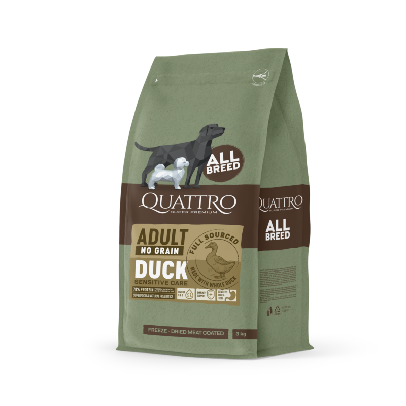 Quattro All breed Adult sausas begrūdis maistas su antiena 3 kg