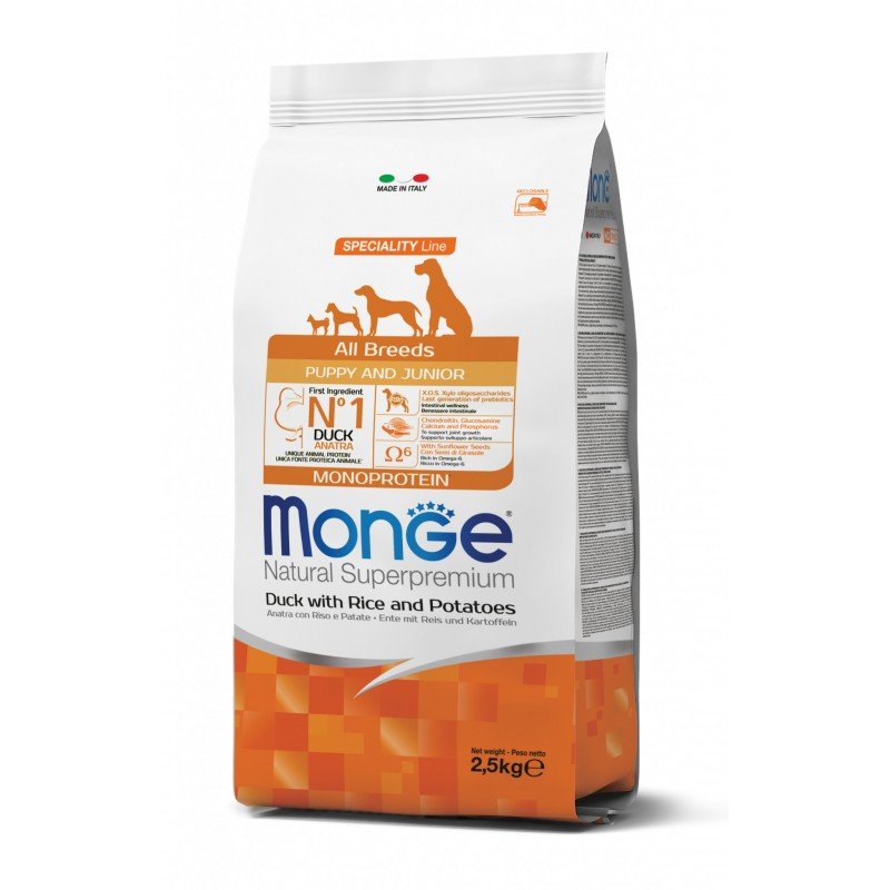 Monge spec. line monoprotein puppy sausas pašaras visų veislių jauniems šuniukams su antiena ryžiais ir bulvėmis 2.5kg