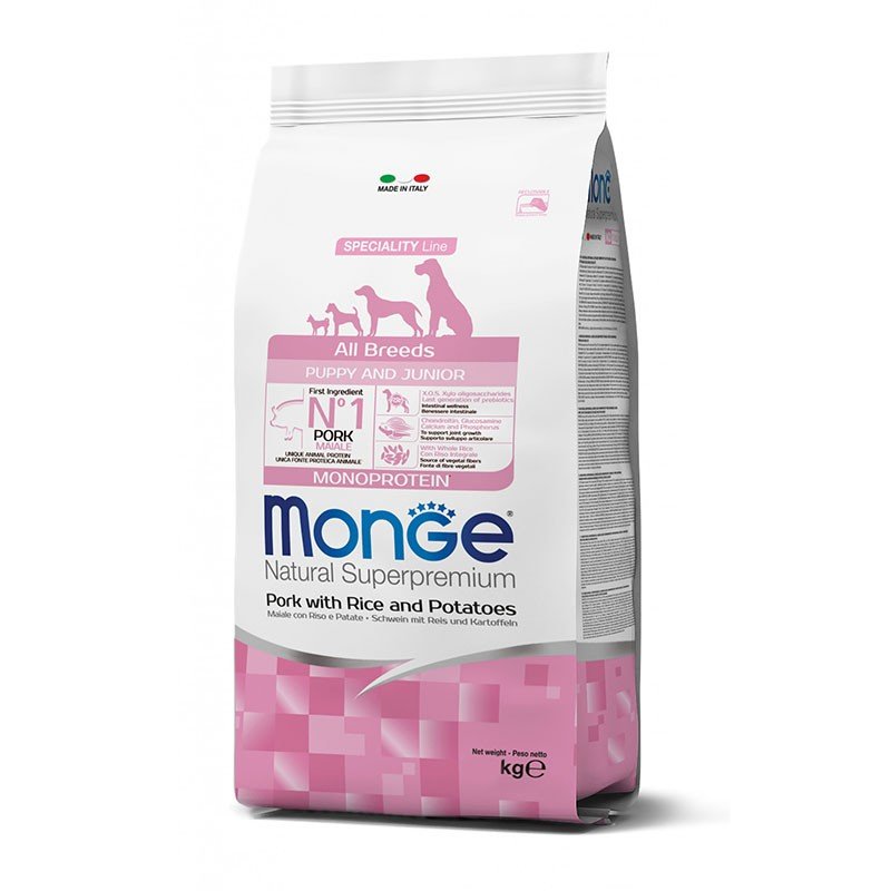 Monge spec. line monoprotein puppy sausas pašaras visų veislių jauniems šuniukams su Kiauliena. Ryžiais ir Bulvėmis 12kg