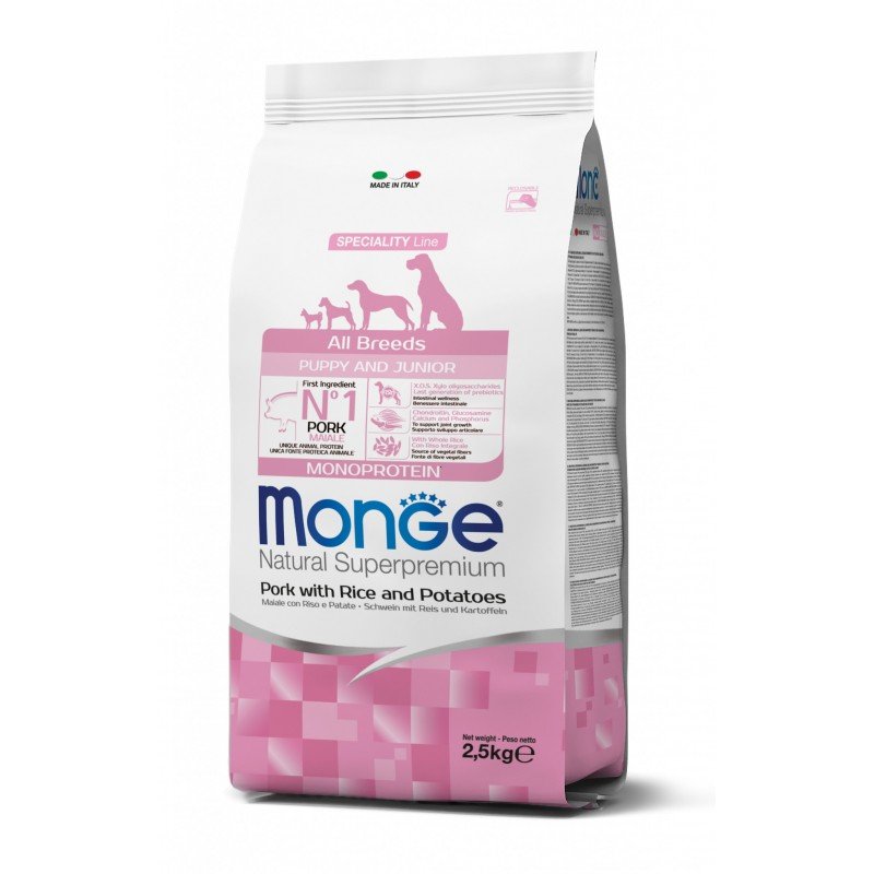 Monge spec. line monoprotein puppy sausas pašaras visų veislių jauniems šuniukams su kiauliena. ryžiais ir bulvėmis 2.5kg