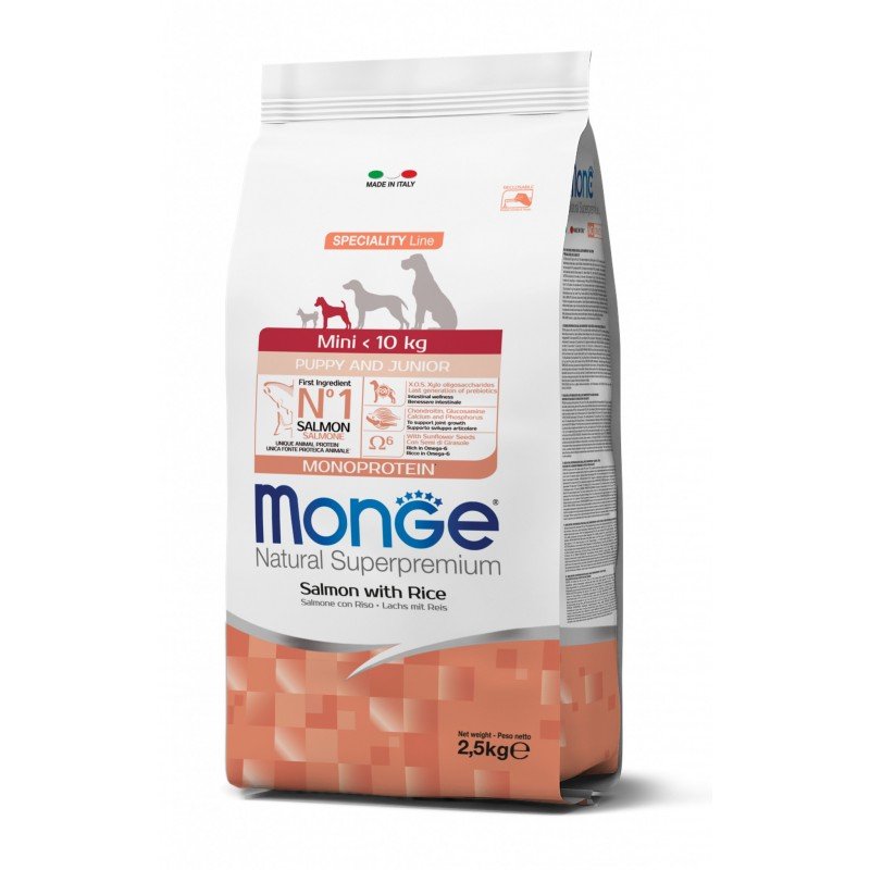 Monge spec.line monoprotein mini Puppy sausas pašaras mažų veislių jauniems šuniukams su lašiša ir ryžiais 2.5kg