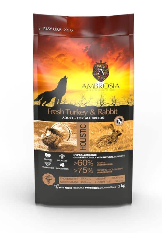 AMBROSIA grain-free Rabbit & Fresh Turkey Adult, begrūdis triušienos ir  kalakutienos begrūdis sausas maistas šunims - Produkto Svoris 1kg (sveriamas)