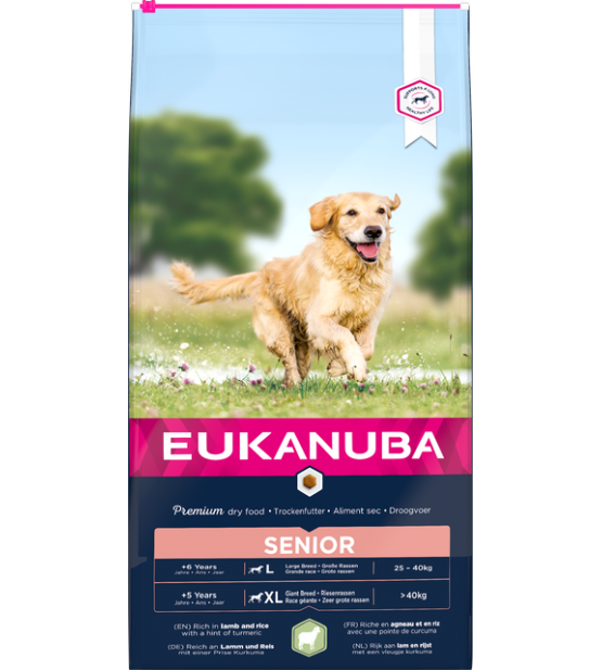 Eukanuba Senior L/XL visavertis pašaras senyviems didelių veislių šunims su ėriena ir ryžiais 12kg