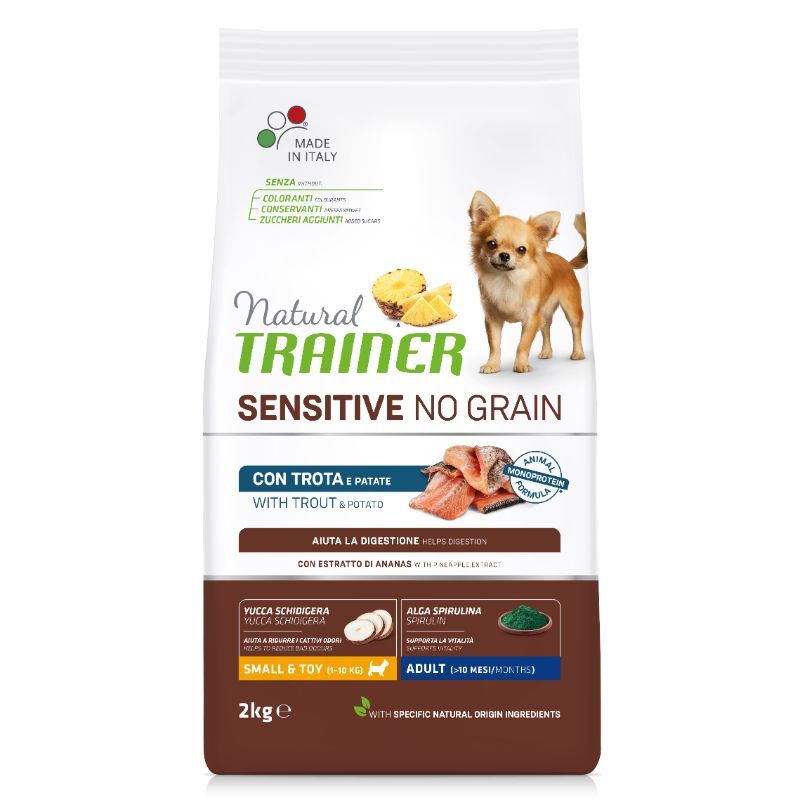 Natural Trainer ADULT DOG SENSITIVE NO GRAIN MINI TROUT sausas maistas mažų veislių šunims su upėtakiu 2kg