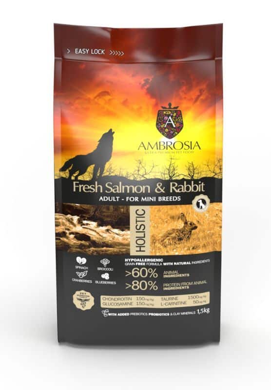 Ambrosia Grain-Free Adult Mini Fresh Salmon & Rabbit - begrūdis sausas maistas suaugusiems, mažų veislių šunims - Produkto Svoris 1kg (sveriamas)