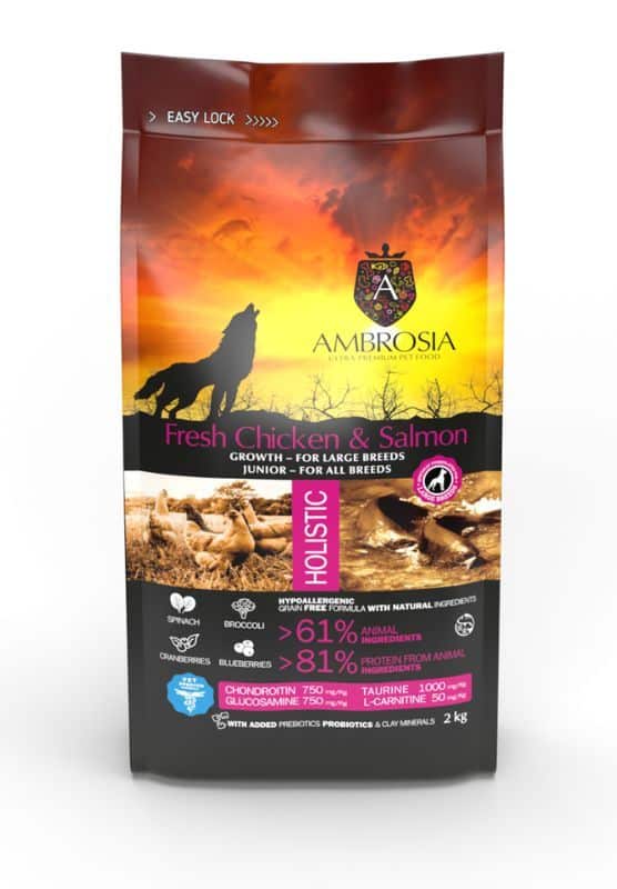 Ambrosia Grain-Free Junior Large breed Fresh Chicken & Salmon - begrūdis sausas maistas jauniems, didelių veislių šunims - Produkto Svoris 1kg (sveriamas)