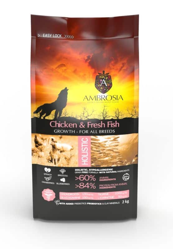 AMBROSIA grain-free Chicken & Fresh Fish Puppy begrūdis vištienos ir šviežios žuvies sausas maistas šuniukams 2kg - Produkto Svoris 1kg (sveriamas)