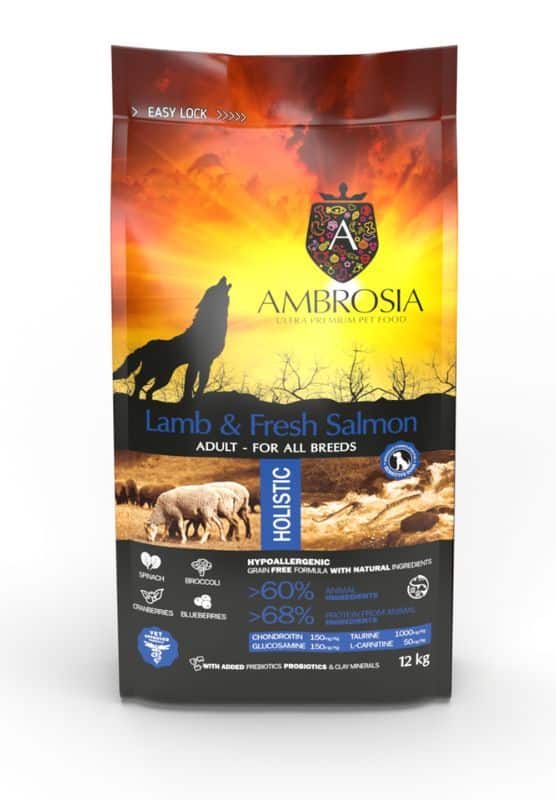 AMBROSIA grain-free Lamb & Fresh Salmon Adult, begrūdis ėrienos ir šviežios lašišos sausas maistas šunims - Produkto Svoris 1kg (sveriamas)