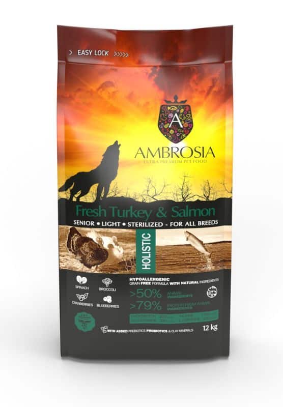 AMBROSIA grain-free Turkey & Fresh Salmon Senior & Sterilised , begrūdis kalakutienos ir šviežios lašišos sausas maistas šunims - Produkto Svoris 12kg