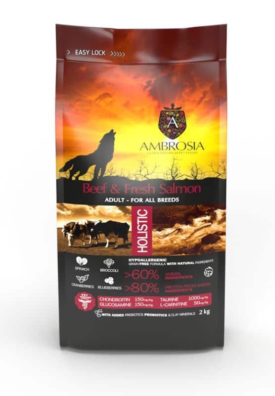 AMBROSIA grain-free Beef & Fresh Salmon Adult, begrūdis jautienos ir šviežios lašišos sausas maistas šunims - Produkto Svoris 1kg (sveriamas)