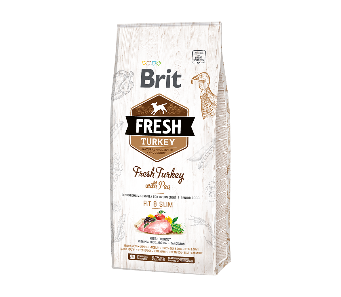 Brit Fresh Turkey with Pea Light Fit&Slim sausas maistas suaugusiems šunims su kalakutiena - Produkto Svoris 2.5kg