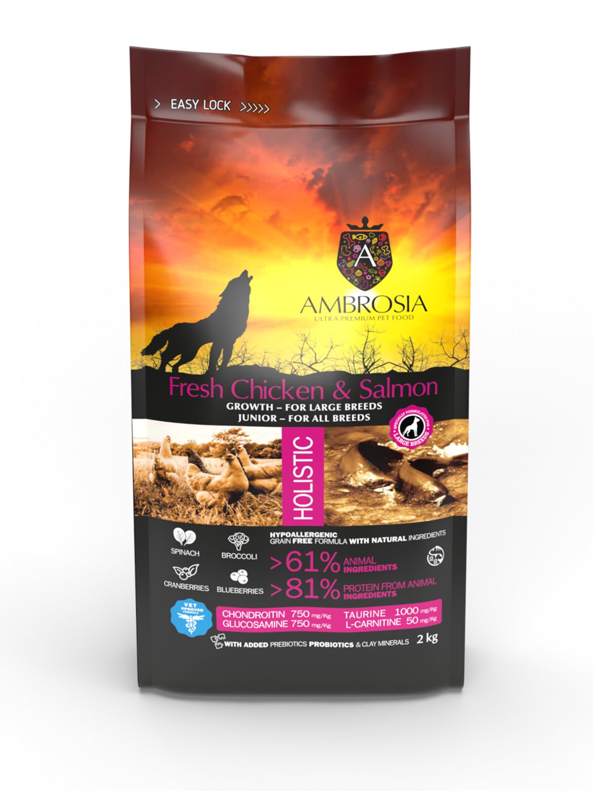 Ambrosia Grain-Free Junior Large breed Fresh Chicken & Salmon – begrūdis sausas maistas jauniems, didelių veislių šunims 2kg. - 12kg. 2 kg