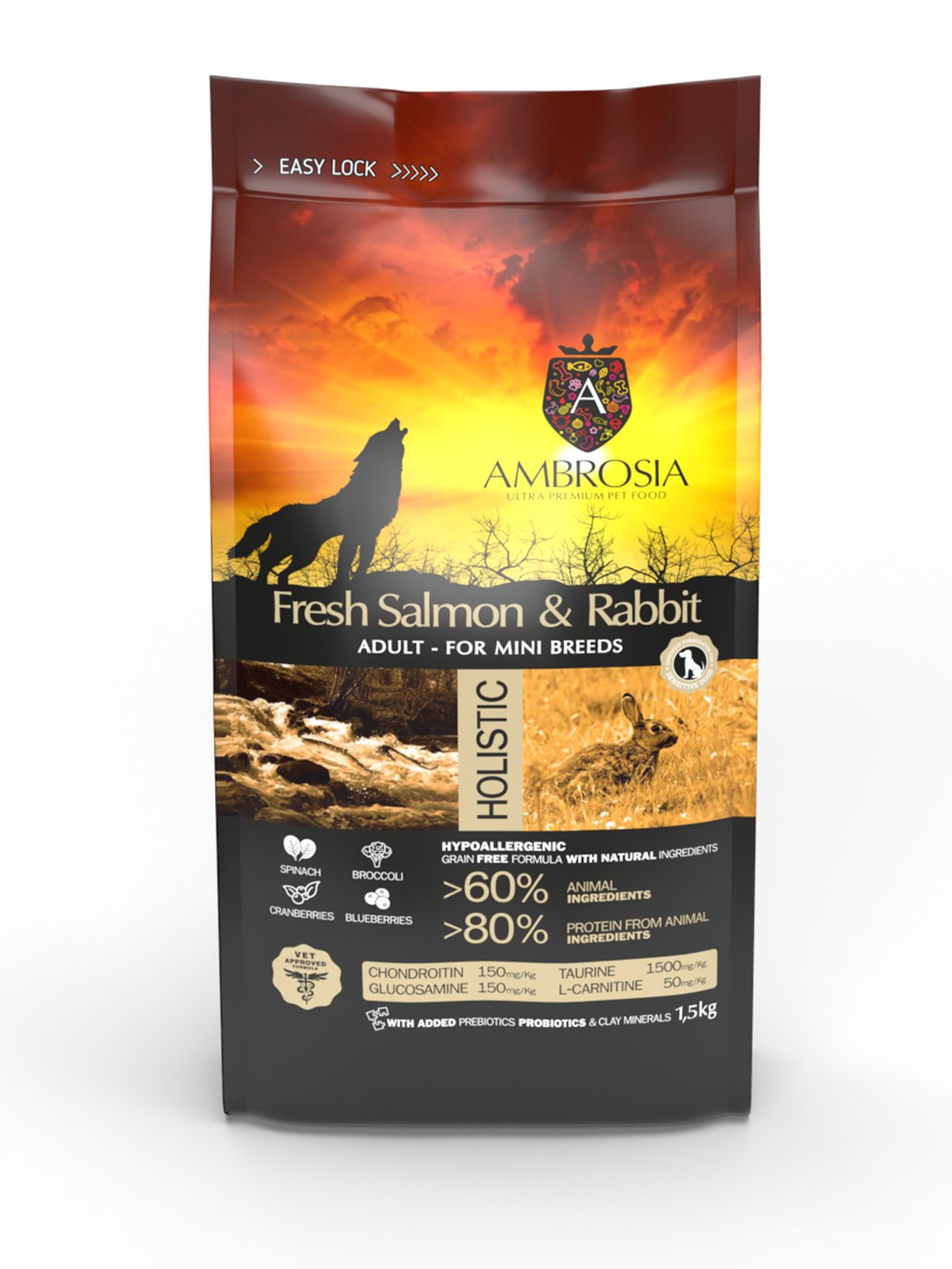 Hipoalerginis Ambrosia Grain-Free Adult Mini Fresh Salmon & Rabbit - Begrūdis Sausas Maistas Suaugusiems, Mažų Veislių Šunims 1,5kg. - 5kg 1.5 kg