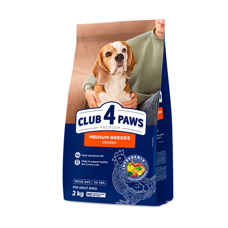 CLUB 4 PAWS PREMIUM VIDUTINIŲ VEISLĖMS. PILNAVERTIS SAUSAS PAŠARAS SUAUGUSIEMS ŠUNIMS 2kg - 14kg. 2 kg