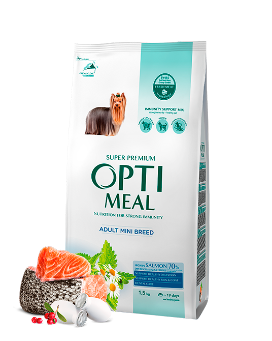 Optimeal™ Visavertis sausas gyvūnų pašaras miniatiūrinių veislių suaugusiems šunims su dideliu kiekiu lašišos 1,5kg.