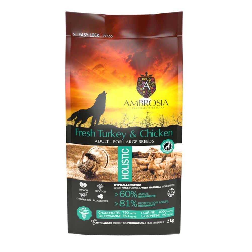 AMBROSIA grain-free Turkey & Chicken Large breed Adult, begrūdis kalakutienos ir vištienos sausas maistas šunims 12kg.