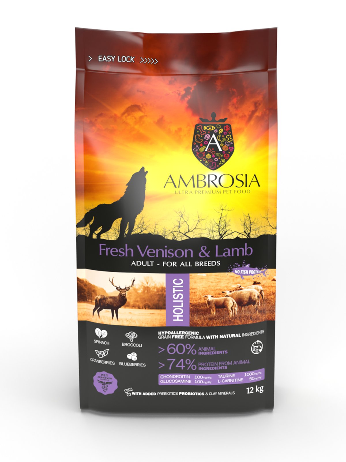 AMBROSIA grain-free Lamb & Fresh Venison Adult, begrūdis ėrienos ir šviežios elnienos sausas maistas šunims 2kg. - 12kg. 1 kg(sveriamas)