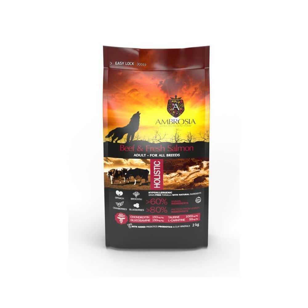AMBROSIA grain-free Beef & Fresh Salmon Adult, begrūdis jautienos ir šviežios lašišos sausas maistas šunims 1kg. - 12kg. 12 kg