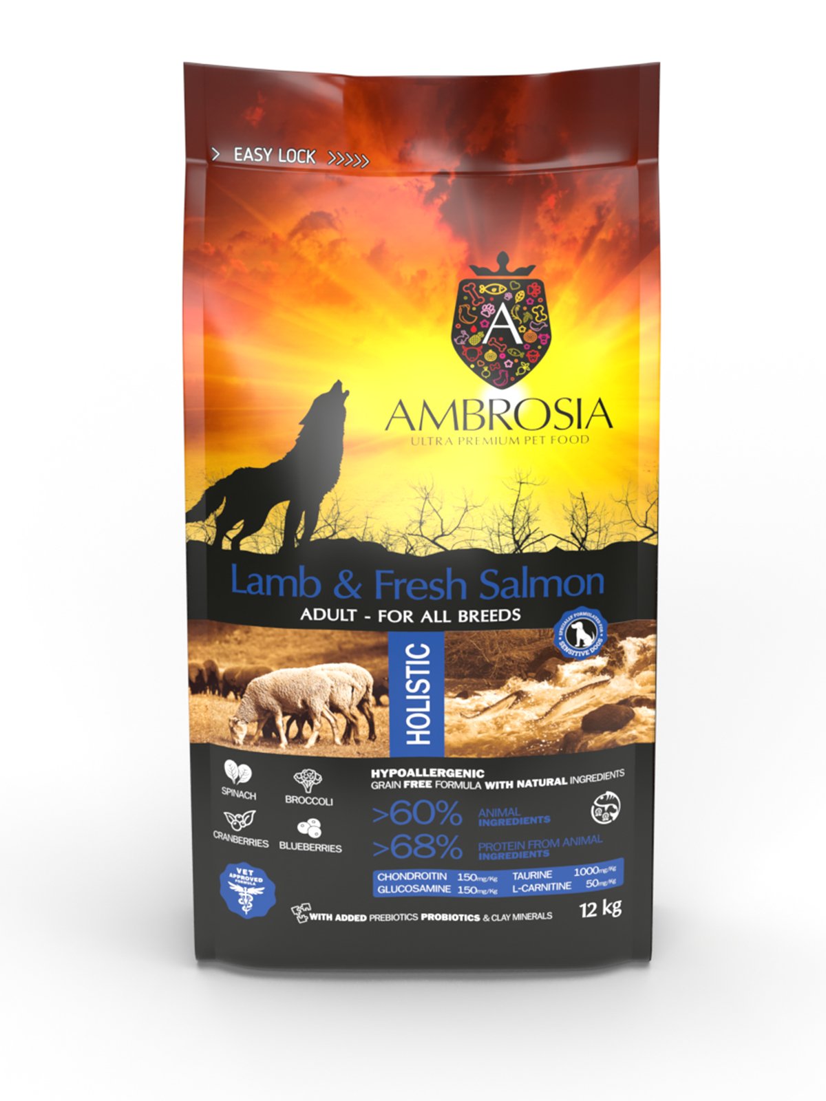 AMBROSIA grain-free Lamb & Fresh Salmon Adult, begrūdis ėrienos ir šviežios lašišos sausas maistas šunims 2kg. - 12kg. 1 kg(sveriamas)