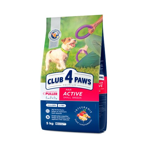 CLUB 4 PAWS PREMIUM „AKTYVAS“. VISAVERTIS PAŠARAS SUAUGUSIEMS AKTYVIEMS MAZOMS VEISLEMS ŠUNIMS 5kg.