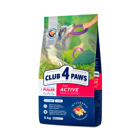 CLUB 4 PAWS PREMIUM „AKTYVAS“. VISAVERTIS PAŠARAS SUAUGUSIEMS AKTYVIEMS VIDUTINIŲ VEISLIŲ ŠUNIMS 5kg.