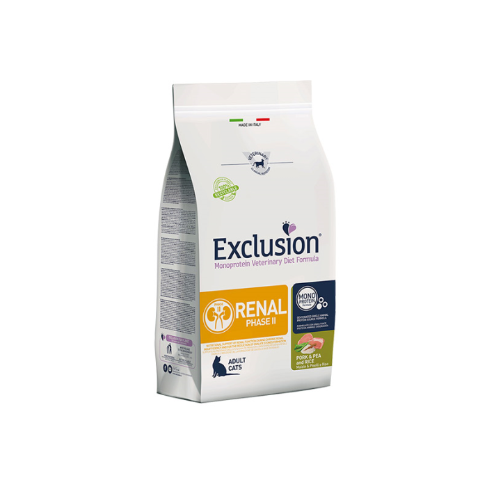 Exclusion Renal diet Phase II sausas maistas inkstų nepakankamumu sergančioms katėms su kiauliena, žirniais, ryžiais, 1,5 kg
