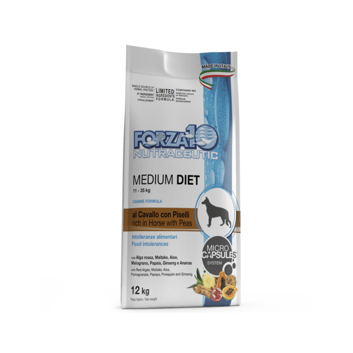 Forza10 Medium Diet Low Grain Horse and Peas dietinis, sausas maistas šunims, su maisto netoleravimu ir alergijomis, 12 kg