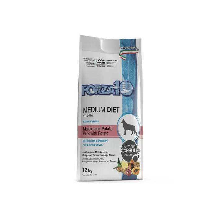 Forza10 Medium Diet Low Grain with Pork and Potato dietinis, sausas maistas šunims, su maisto netoleravimu ir alergijomis, 12 kg