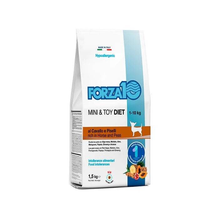 Forza10 Mini and Toy Diet Low Grain Horse and Peas dietinis, sausas maistas mažų veislių šunims, su maisto netoleravimu ir alergijomis, 1,5 kg