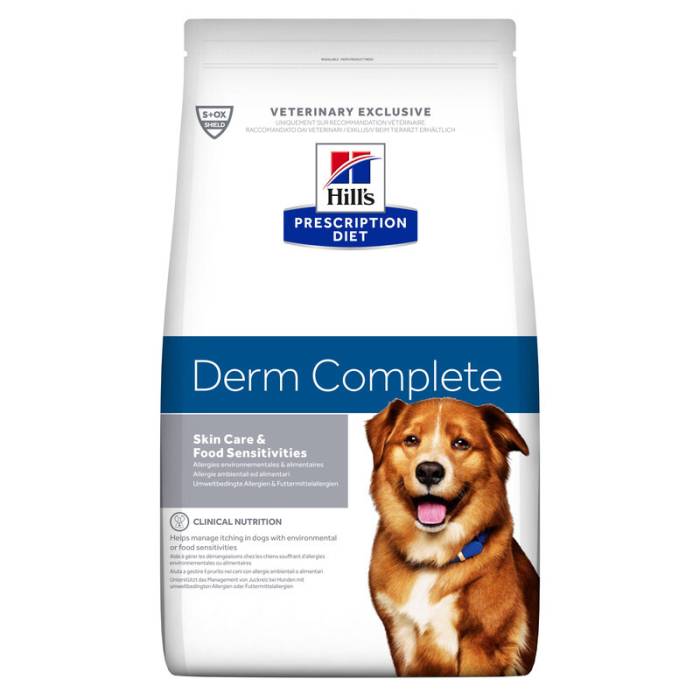 Hill's Prescription Diet Derm Complete sausas maistas šunims, padedantis suvaldyti alergiją aplinkai ir maistui, 1,5 kg