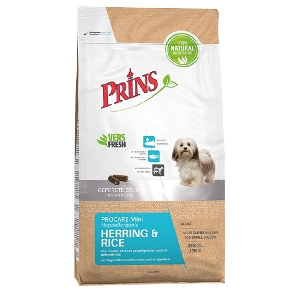 PRINS PROCARE MINI HERRING AND RICE HYPOALERGENIC SAUSAS MAISTAS ALERGIŠKIEMS SUAUGUSIEMS ŠUNIMS 3kg - 7,5kg 12 kg