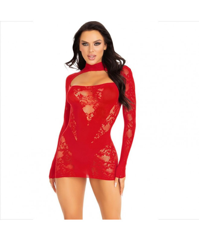 LEG AVENUE - MINI DRESS WITH LACE LONG SLEEVE RED