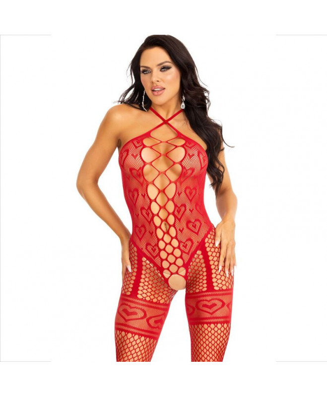 LEG AVENUE - BODYSTOCKING NECK HALTER RED HEARTS RED