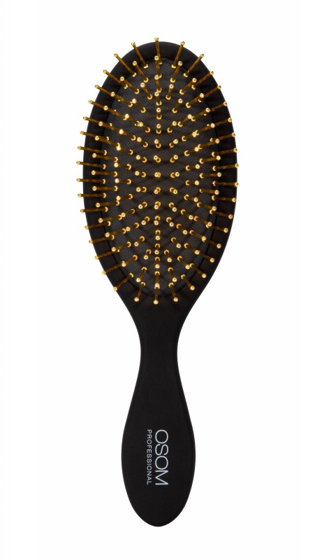 Prabangus šepetys plaukams OSOM Professional Hair Brush With Gold Plated Pins OSOMP2260, su nerūdijančio plieno auksu padengtais šereliais, juodos spalvos