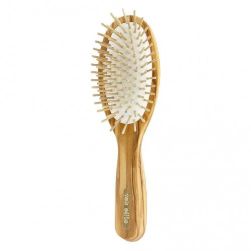TEK Elite Big Oval Olive Wood Hairbrush Ovalus plaukų šepetys su mediniais spygliukais, Šviesus