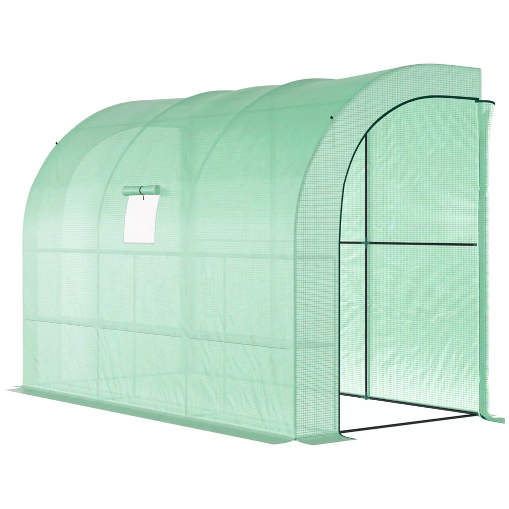Šiltnamis su Lentynos Langu 300x150x213 cm | Žiemai Atsparus Plieninis Plėvelės Šiltnamis, Sieninis Modelis su UV Apsauga, Skirtas Balkonui, Sodui | Žalias