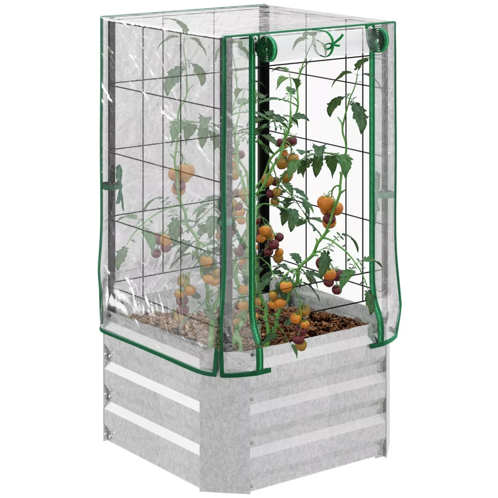 Pakeliamos lysvės rinkinys, dėžė su plastikiniu dangčiu ir grotelėmis vijokliniams augalams, 53x53x90cm