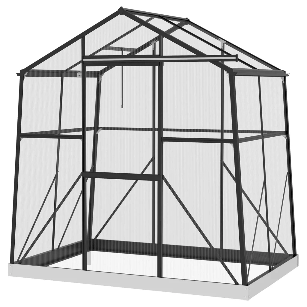 aliuminis šiltnamis 2,51 m² su langu, stumdomomis durimis ir pamatais, juodas, 131x192x203cm