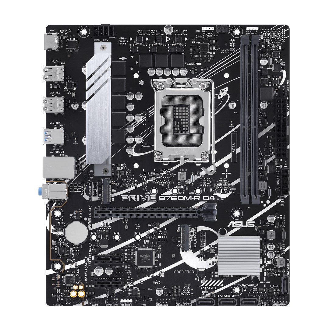 Pagrindinė plokštė Asus PRIME B760M-R D4  Processor family Intel  Processor socket LGA1700  Numbe