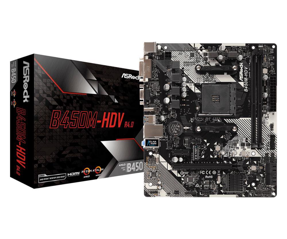Pagrindinė plokštė ASRock  B450M-HDV R4.0  Processor family AMD  Processor socket AM4  DDR4 DIMM