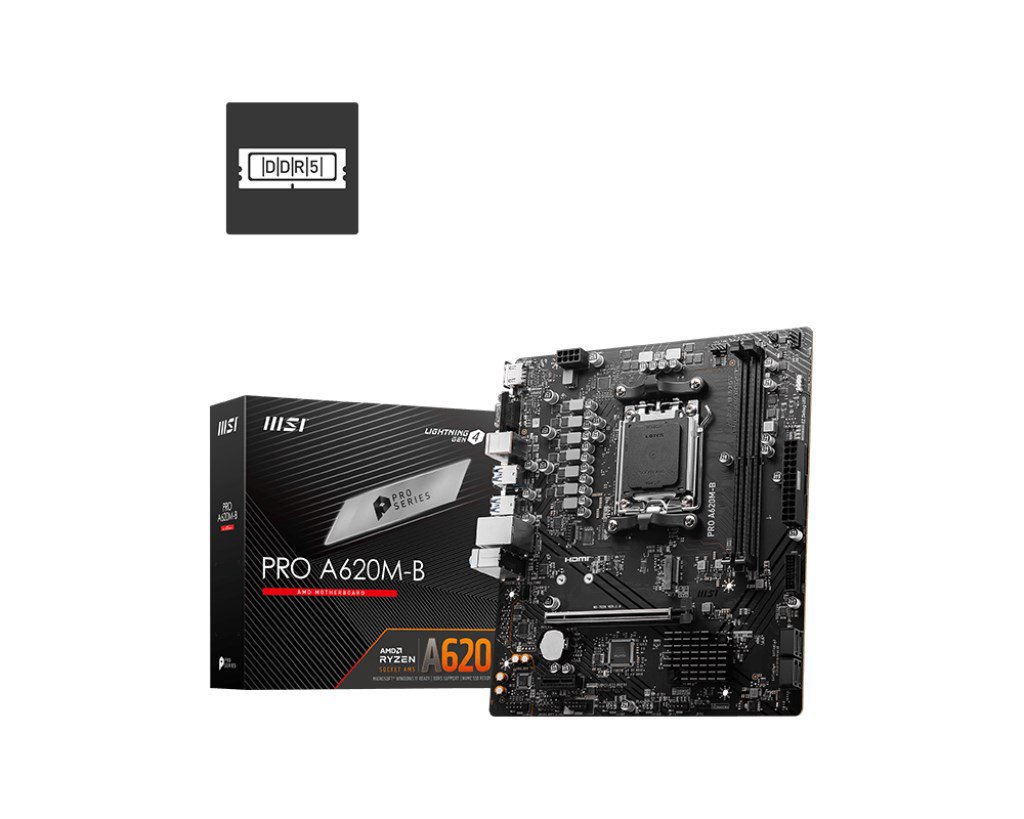 Pagrindinė plokštė MSI PRO A620M-B  Processor family AMD  Processor socket AM5  DDR5  Supported