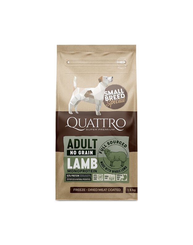 QUATTRO Begrūdis šunų maistas Qattro Small breed adult su Ėriena 1.5 kg