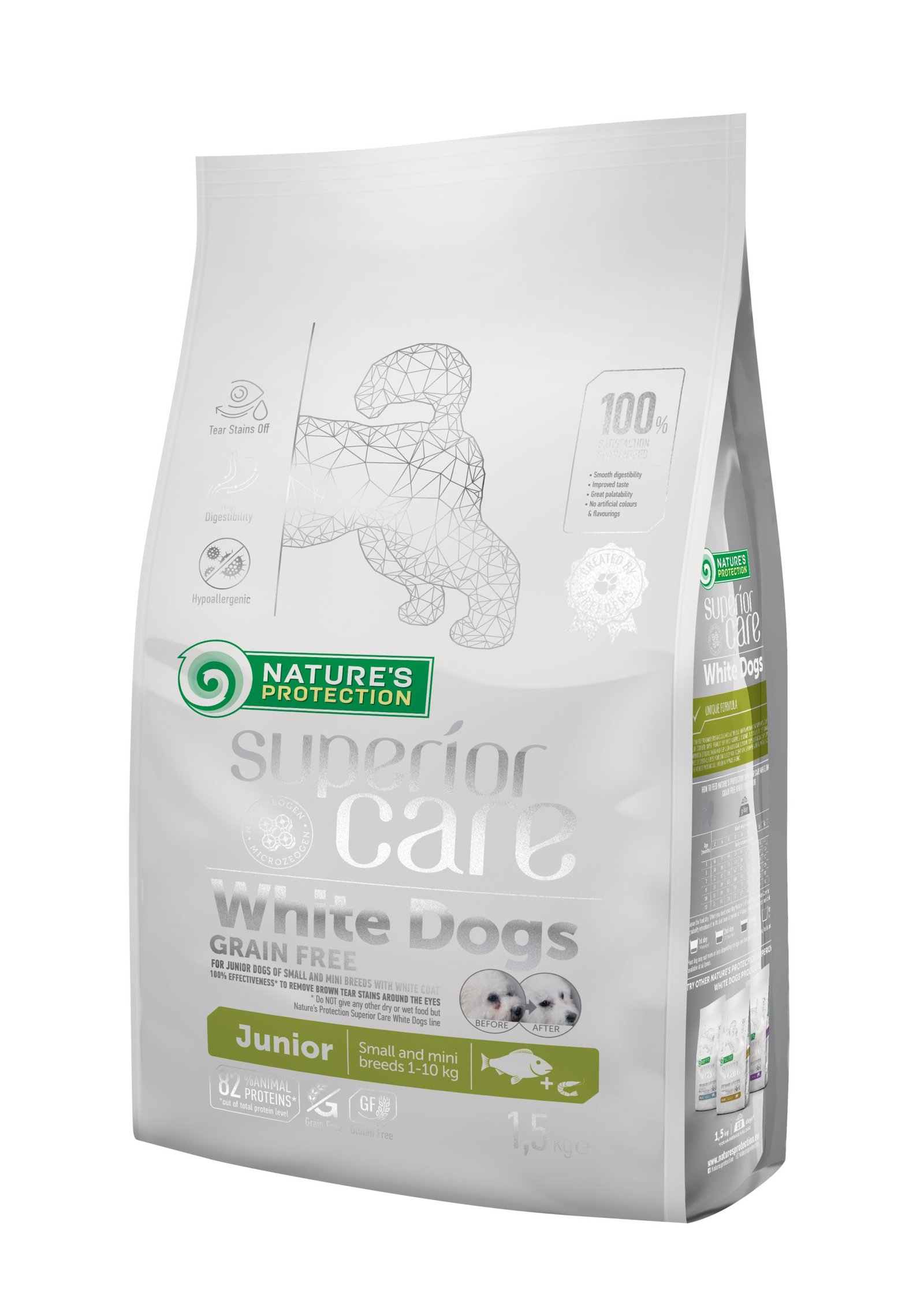 NATURE'S PROTECTION SUPERIOR CARE MAŽŲ IR LABAI MAŽŲ VEISLIŲ BALTO KAILIO JAUNŲ ŠUNŲ SAUSAS BEGRŪDIS PAŠARAS SU BALTA ŽUVIMI 10 kg
