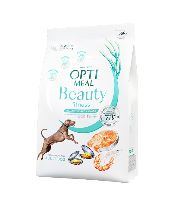 Optimeal™ BEAUTY FITNESS. SVEIKAS SVORIS IR SANARIAI. Begrūdis visavertis pašaras visų veislių šunims. Jūrinio maisto super formulė. 1,5kg. - 10kg. 10